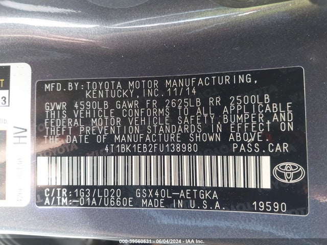 Toyota AVALON XLE 2015 4T1BK1EB2FU138980 Image 9