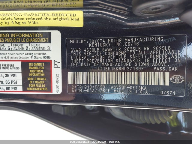 Toyota CAMRY SE 2017 4T1BF1FK6HU271697 Image 9