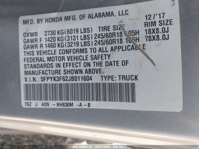 Honda Ridgeline Rtl-t 2018 5FPYK3F62JB011604 Image 9