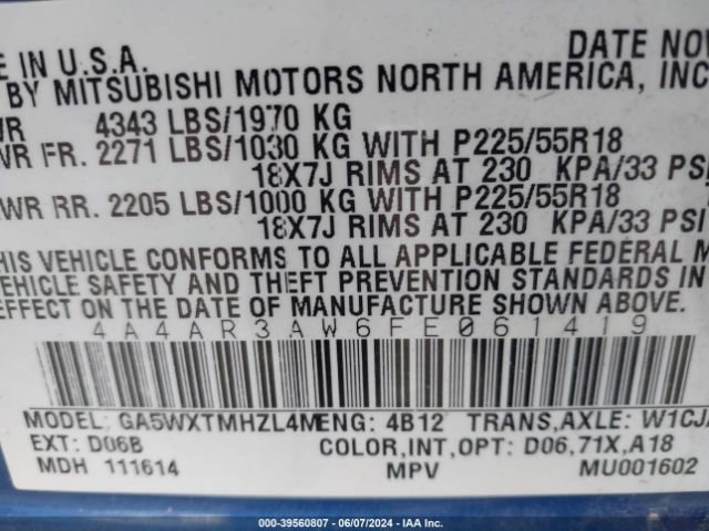 4A4AR3AW6FE061419 Mitsubishi Outlander Sport Es