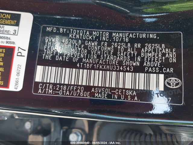 Toyota CAMRY SE 2017 4T1BF1FKXHU334543 Image 9