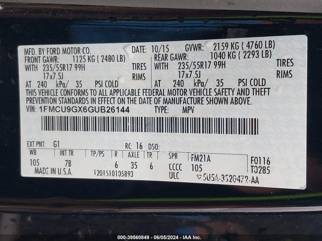 Ford ESCAPE SE 2016 1FMCU9GX6GUB26144 Image 9