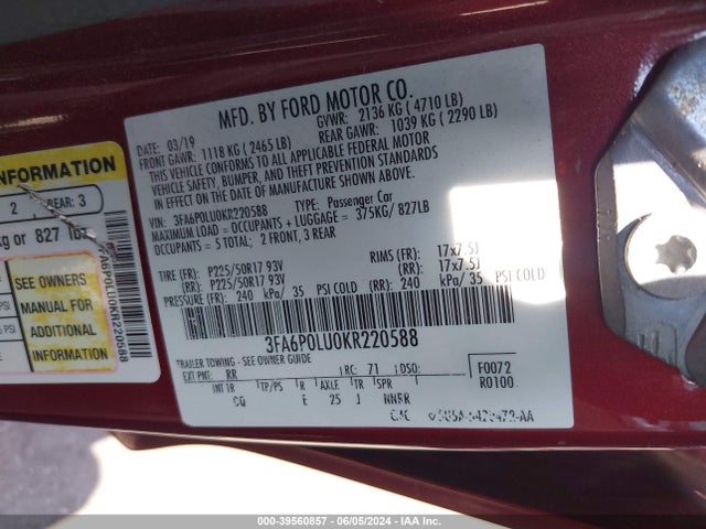 Ford Fusion Hybrid Se 2019 3FA6P0LU0KR220588 Image 9