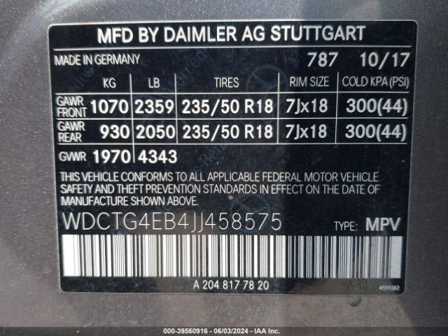 WDCTG4EB4JJ458575 Mercedes-Benz GLA 250