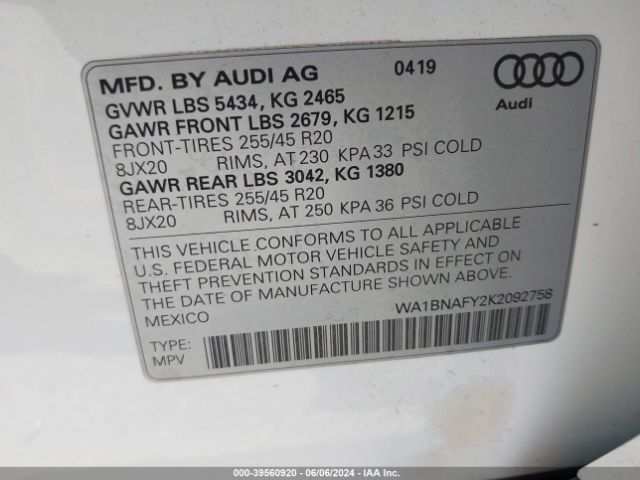 WA1BNAFY2K2092758 Audi Q5 45 Premium