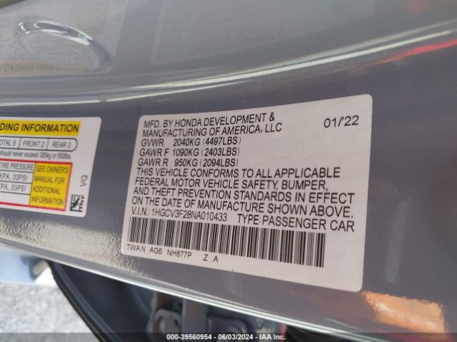 1HGCV3F28NA010433 Honda Accord Hybrid Sport