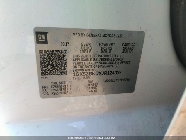 1GKS2BKCXJR124333 GMC YUKON SLT