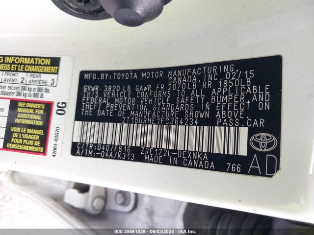 Toyota COROLLA LE 2015 2T1BURHE1FC364234 Image 9