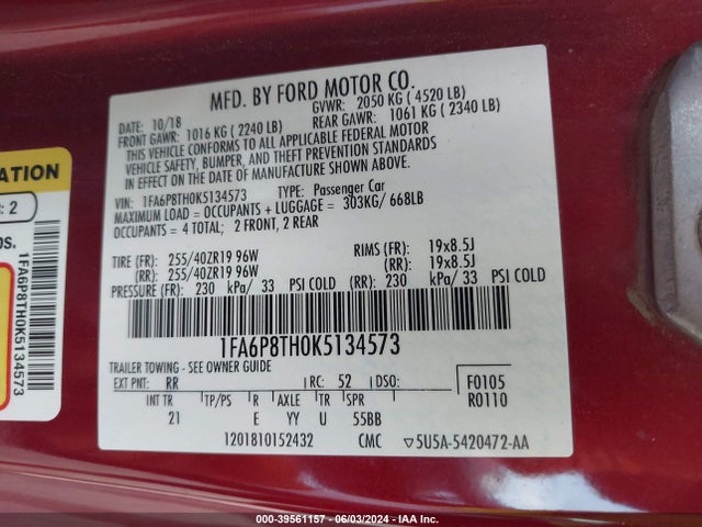 Ford Mustang Ecoboost 2019 1FA6P8TH0K5134573 Image 9