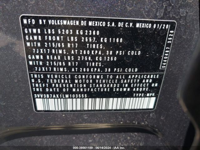 3VV3B7AX1LM103555 Volkswagen Tiguan 2.0t Se/2.0t Se R-line Black/2.0t Sel