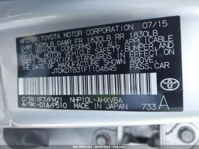 Toyota Prius C Two 2015 JTDKDTB31F1104845 Image 9