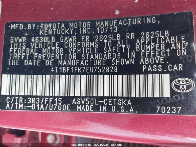Toyota CAMRY SE 2014 4T1BF1FK7EU752828 Image 9