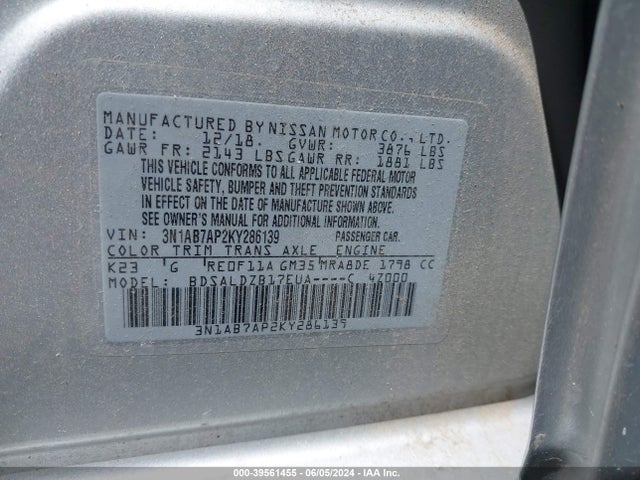 Nissan SENTRA SV 2019 3N1AB7AP2KY286139 Image 9