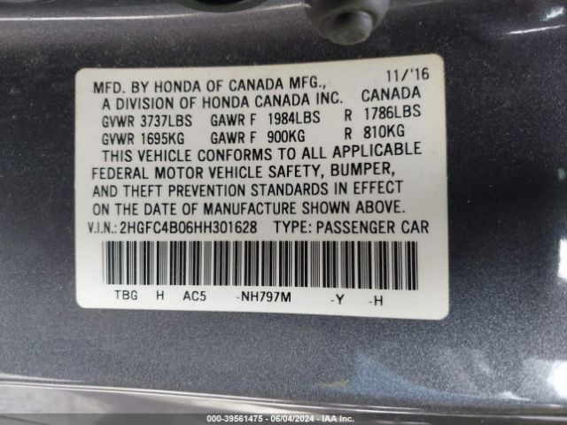 2HGFC4B06HH301628 Honda Civic Lx-p
