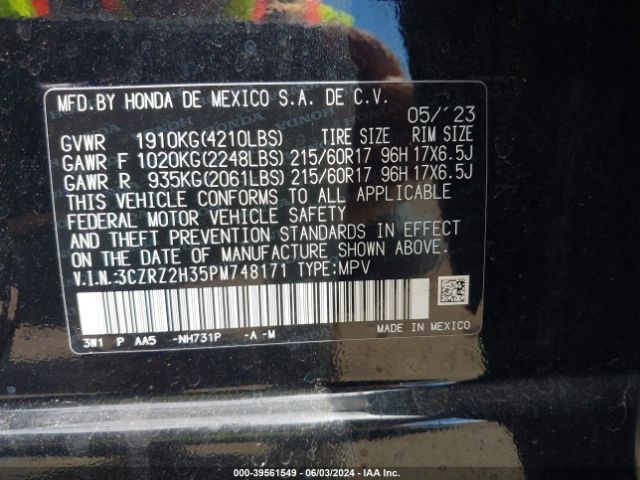 3CZRZ2H35PM748171 Honda Hr-v Awd Lx