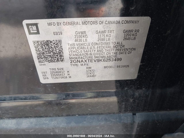 Chevrolet EQUINOX LT 2019 2GNAXTEV9K6253499 Image 9