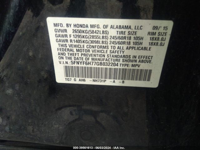5FNYF6H77GB032204 Honda Pilot Ex-l