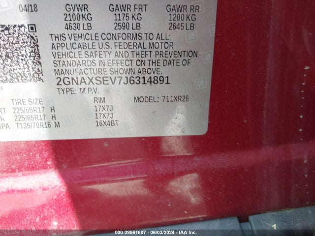 Chevrolet EQUINOX LT 2018 2GNAXSEV7J6314891 Image 9