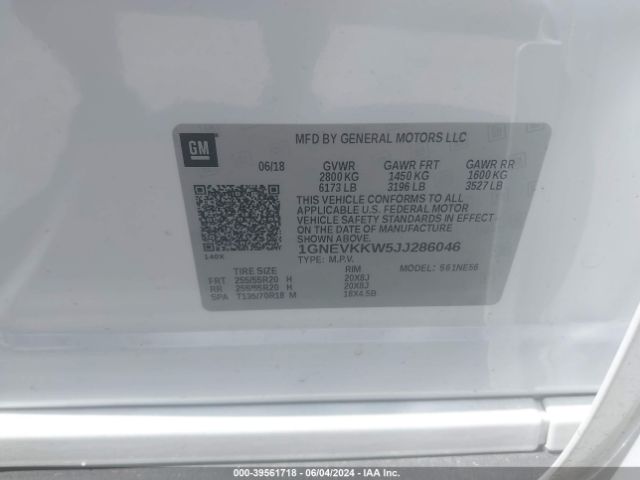 1GNEVKKW5JJ286046 Chevrolet Traverse High Country