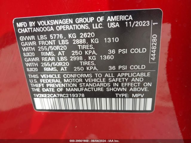 1V2KE2CA7RC219378 Volkswagen Atlas Cross Sport 2.0t Se W/technology
