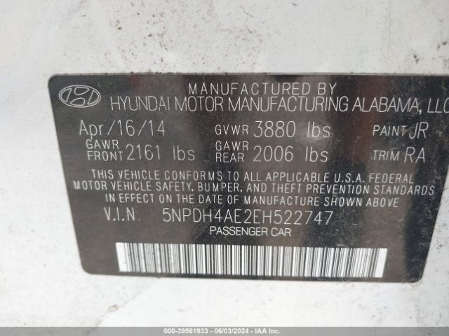 5NPDH4AE2EH522747 Hyundai ELANTRA SE