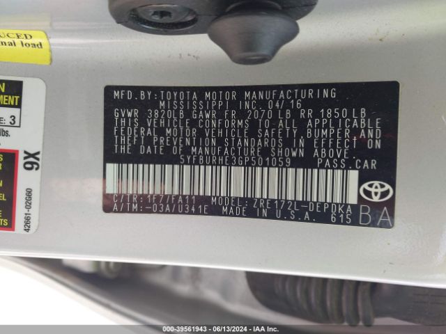 5YFBURHE3GP501059 Toyota COROLLA L