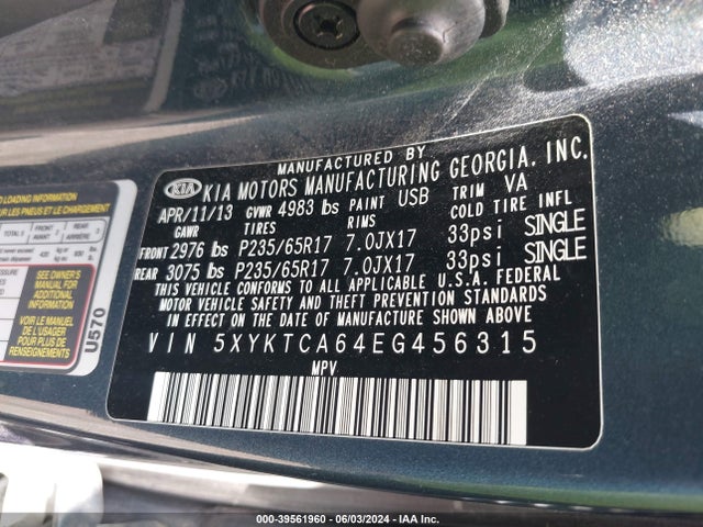 KIA SORENTO LX 2014 5XYKTCA64EG456315 Image 9
