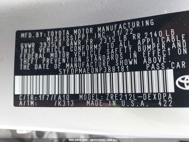 Toyota COROLLA L 2022 5YFDPMAE0NP388181 Image 9