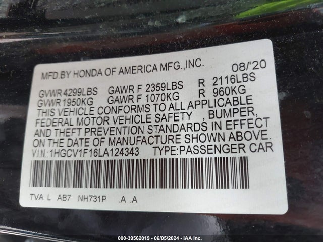 Honda ACCORD LX 2020 1HGCV1F16LA124343 Image 9