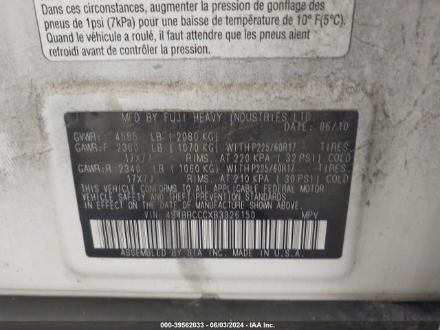 Продаж на аукціоні авто 2011 Subaru Outback 2.5i Premium, vin: 4S4BRCCCXB3326150, номер лоту: 39562033