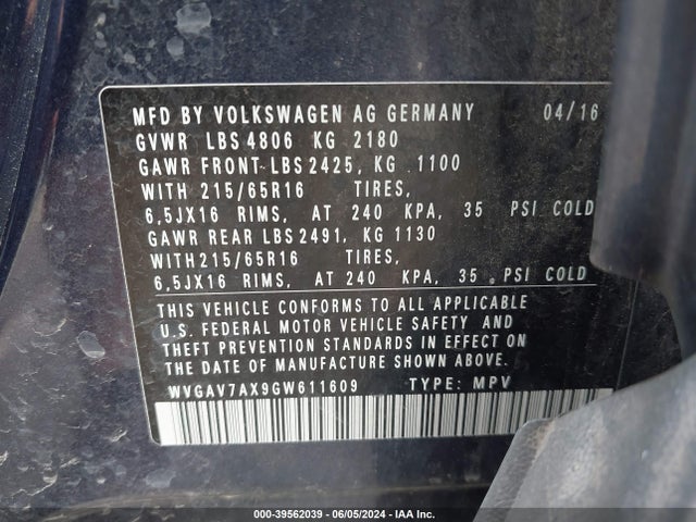 WVGAV7AX9GW611609 Volkswagen TIGUAN S