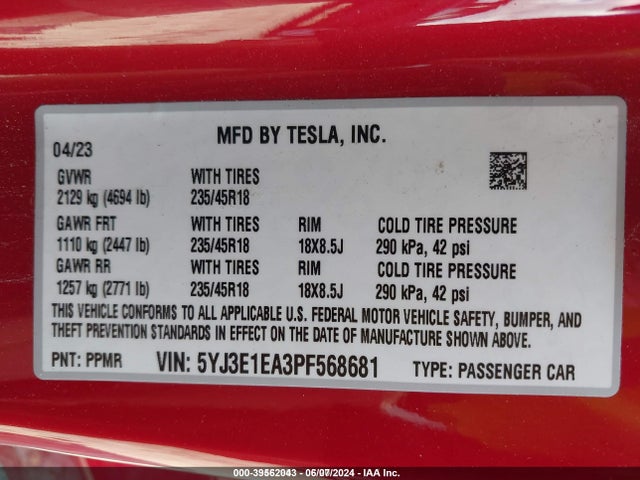 Tesla Model 3 Rear-wheel Drive 2023 5YJ3E1EA3PF568681 Image 8