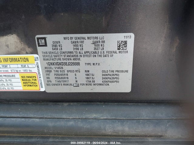 Chevrolet Traverse 1lt 2014 1GNKVGKD3EJ226688 Image 9