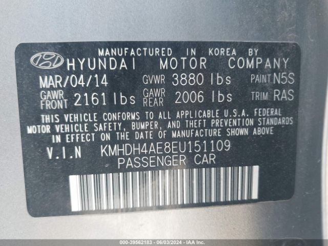 KMHDH4AE8EU151109 Hyundai ELANTRA SE