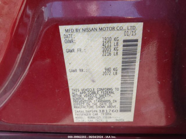 1N4AL3AP5FN381760 Nissan Altima 2.5/2.5 S/2.5 Sl/2.5 Sv