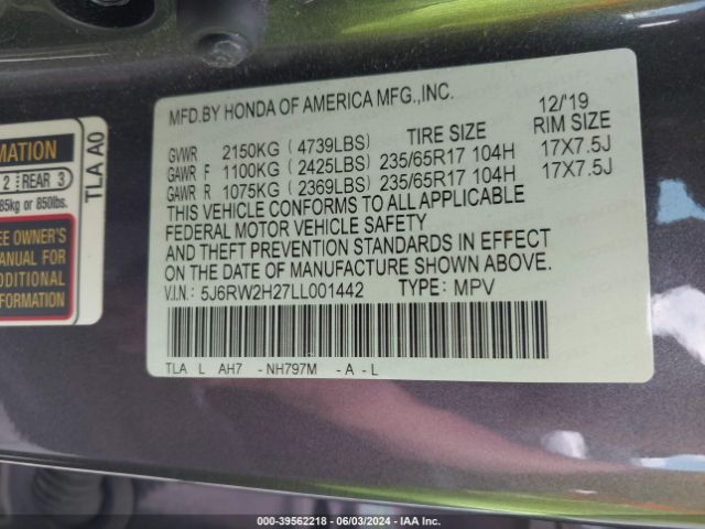 5J6RW2H27LL001442 Honda Cr-v Awd Lx