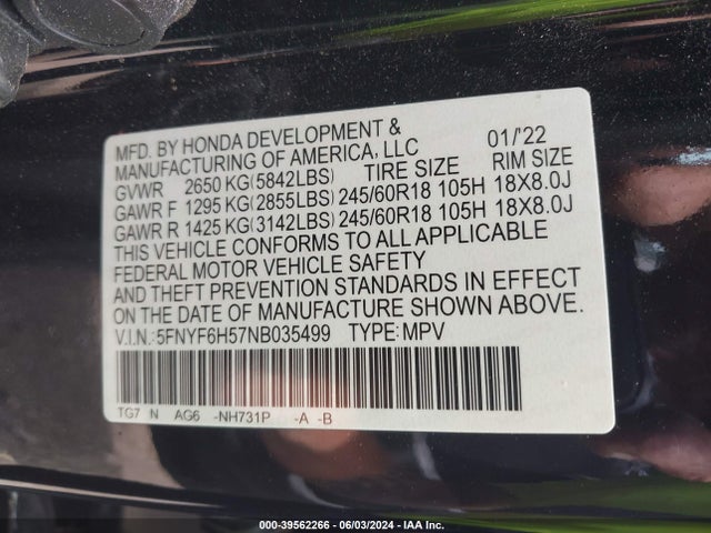 Honda Pilot Awd Ex-l 2022 5FNYF6H57NB035499 Image 9