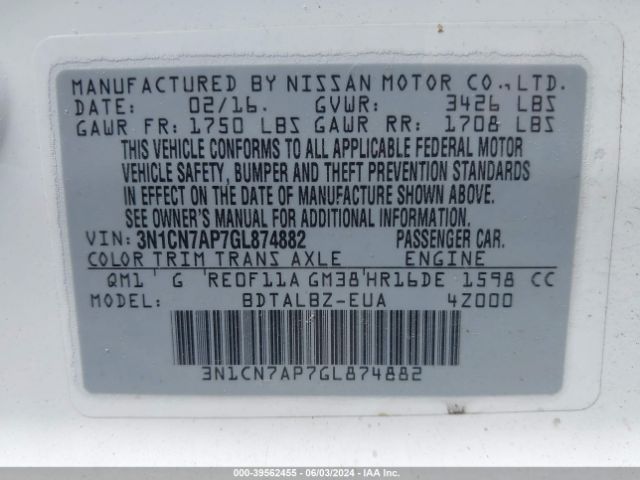 3N1CN7AP7GL874882 Nissan Versa 1.6 S/1.6 S+/1.6 Sl/1.6 Sv