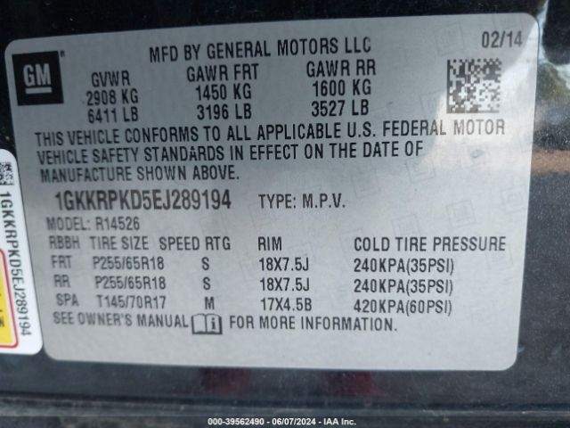 1GKKRPKD5EJ289194 GMC Acadia Sle-2