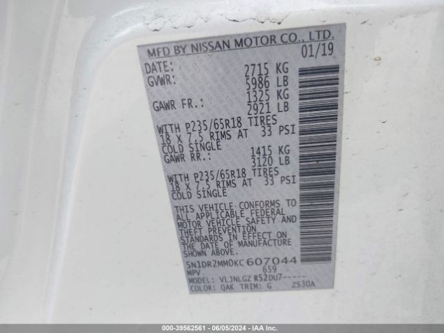 5N1DR2MM0KC607044 Nissan Pathfinder Sl