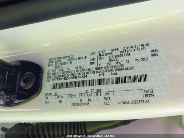 1FTFW1ED6NFB76324 Ford F-150 Platinum