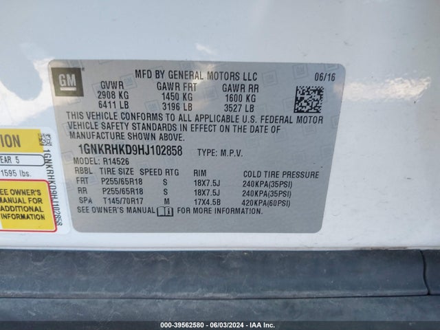 Chevrolet Traverse 2lt 2017 1GNKRHKD9HJ102858 Image 9