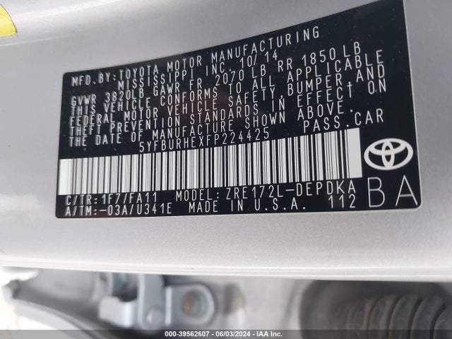 Toyota COROLLA L 2015 5YFBURHEXFP224425 Image 9