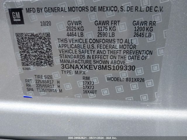 3GNAXKEV8MS109330 Chevrolet Equinox Fwd Lt