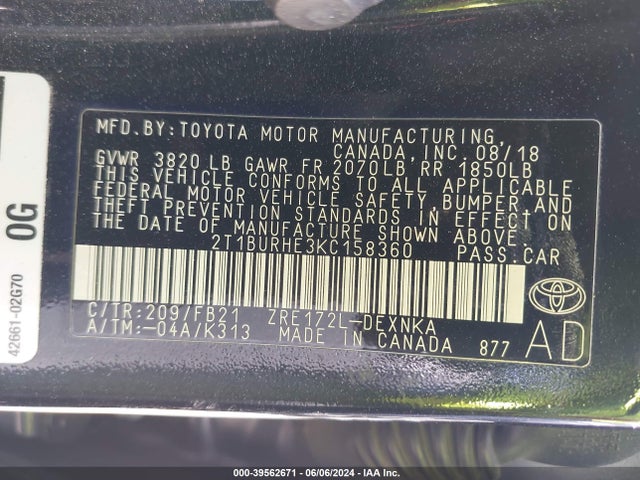 Toyota COROLLA LE 2019 2T1BURHE3KC158360 Image 9