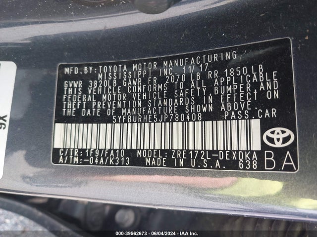 Toyota COROLLA L 2018 5YFBURHE5JP780408 Image 9
