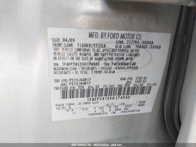 Auction sale of the 2005 Ford Five Hundred Sel, vin: 1FAFP24155G174543, lot number: 39562735