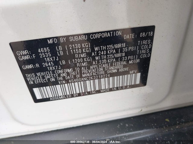 Subaru Outback 2.5i Limited 2019 4S4BSANC2K3218224 Image 9