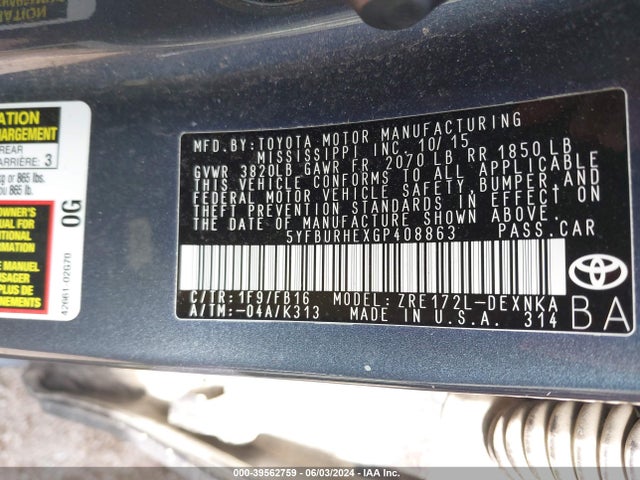 Toyota Corolla Le Plus 2016 5YFBURHEXGP408863 Image 9