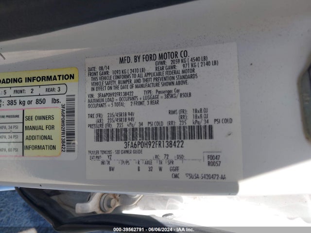 Ford FUSION SE 2015 3FA6P0H92FR138422 Image 9